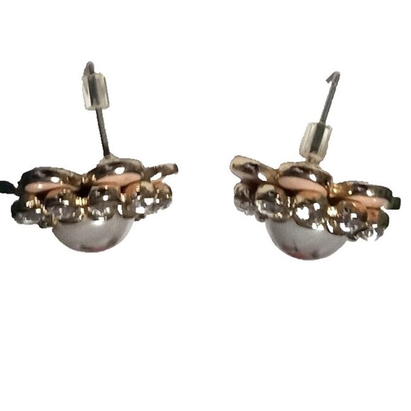 VINTAGE Pink Enamel Rose Stud Earrings Rhinestone Guilloche Limoges Style Flower - Picture 5 of 8